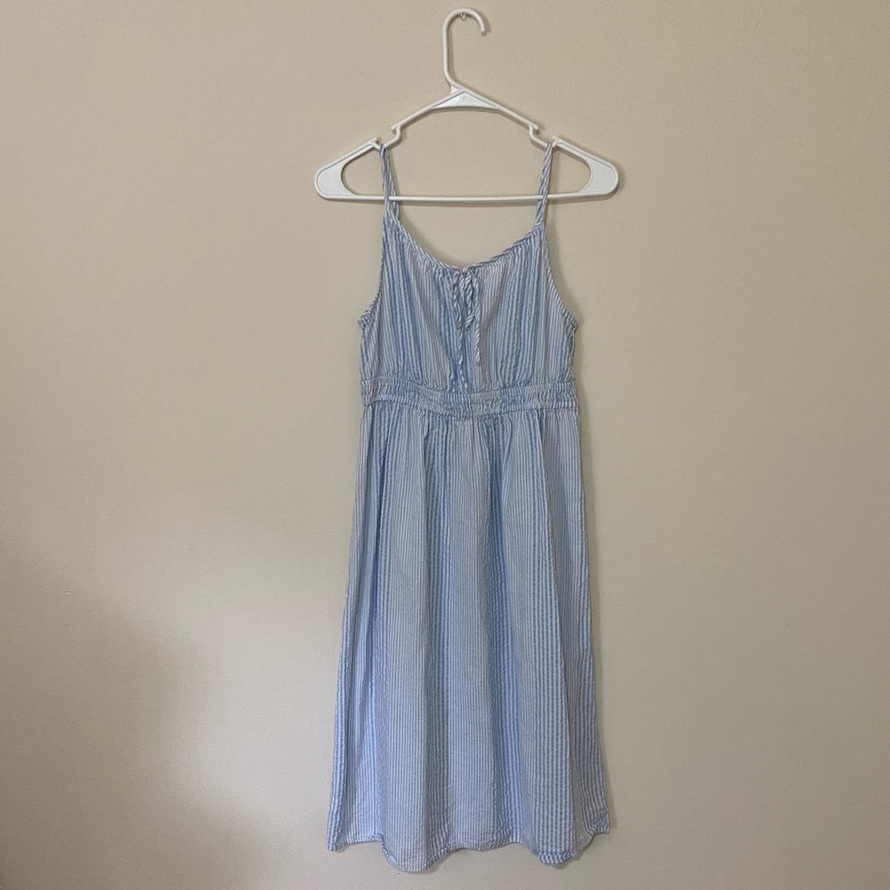 LOFT Blue and White Striped Sleeveless Spaghetti Strap Seersucker Midi Sundress